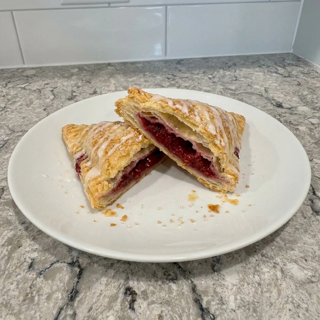 One glazed Raspberry Turnover cut open on a plate