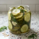 refrigerator pickles in a clear jar with dill and garlic