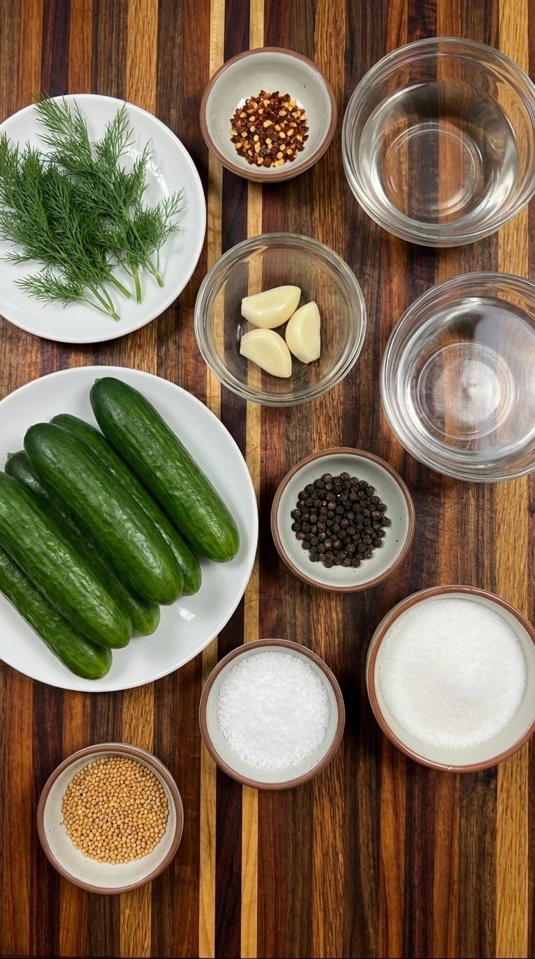 ingredients for refrigerator pickles in separate small containers
