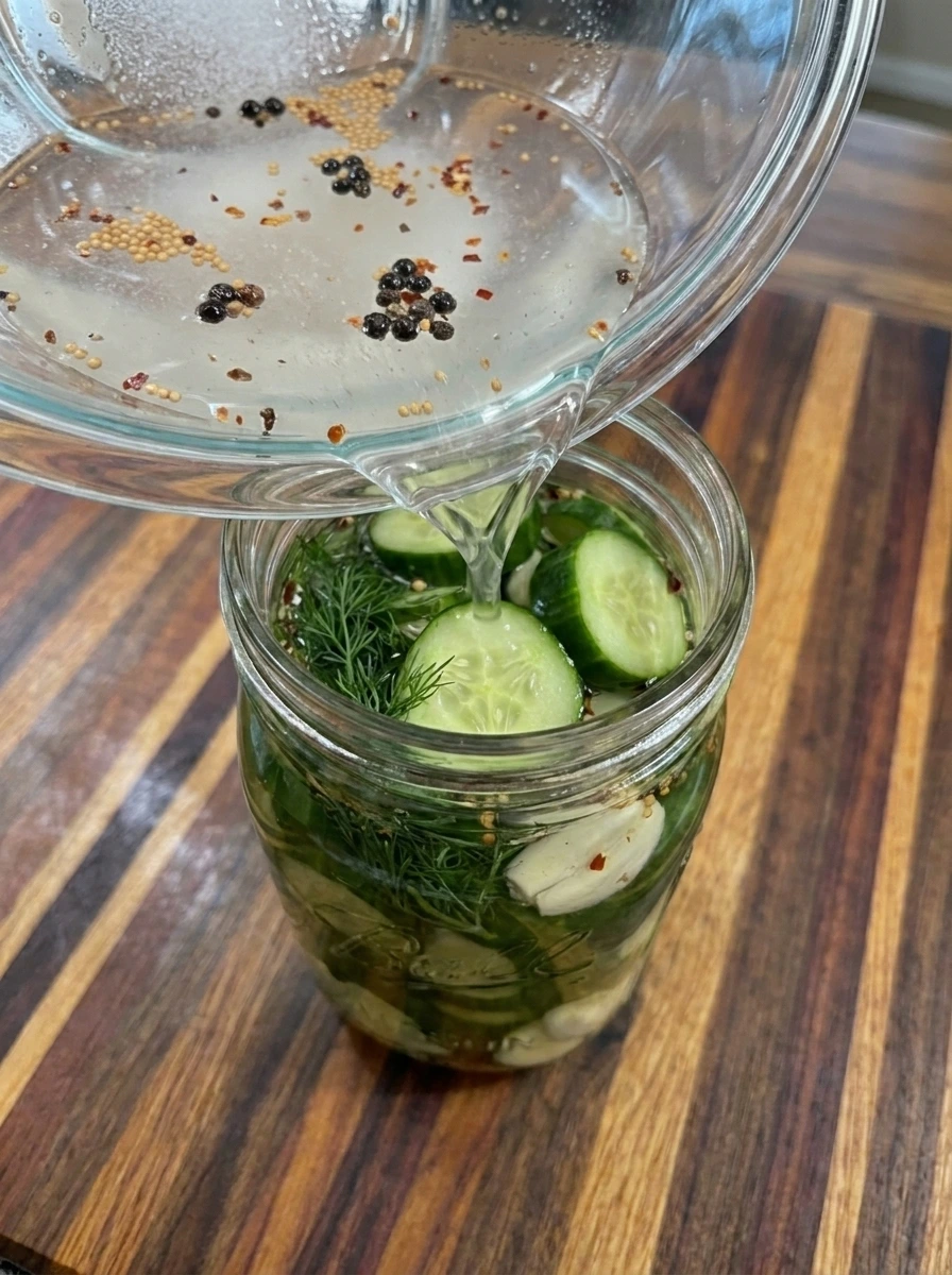brine poured over cucumbers for refrigerator pickles