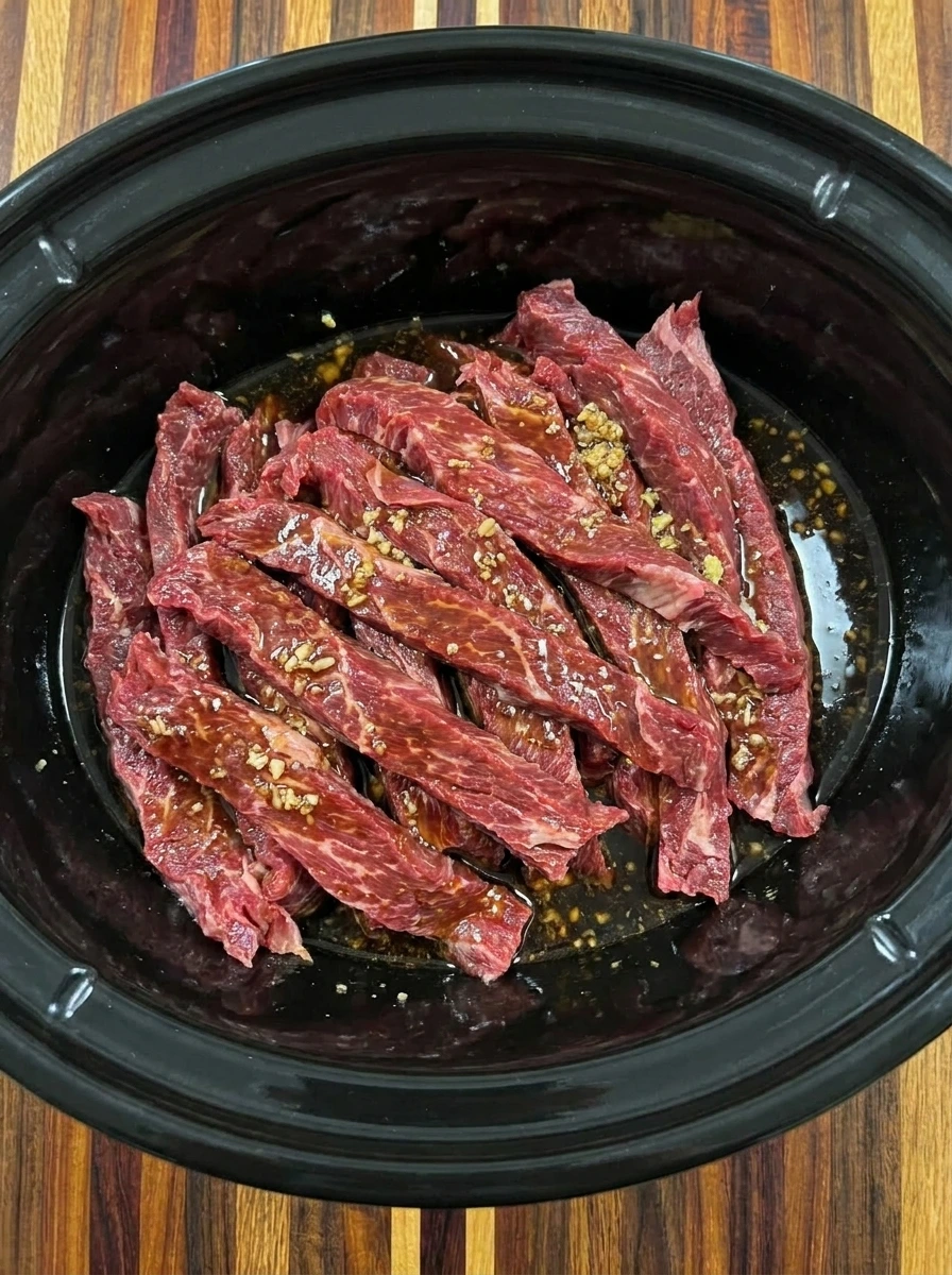 Beef coated with sauce in slow cooker