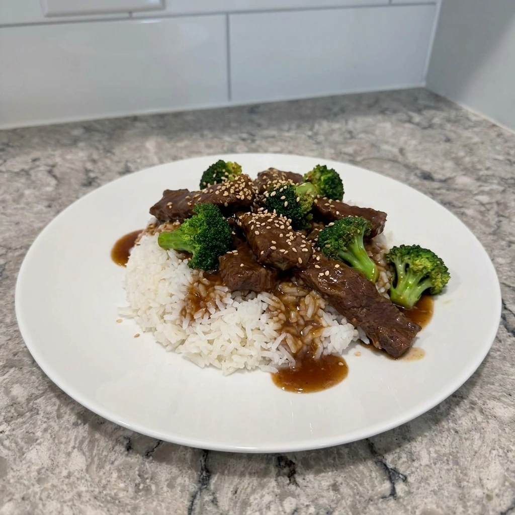 Served Slow Cooker Beef and Broccoli over rice