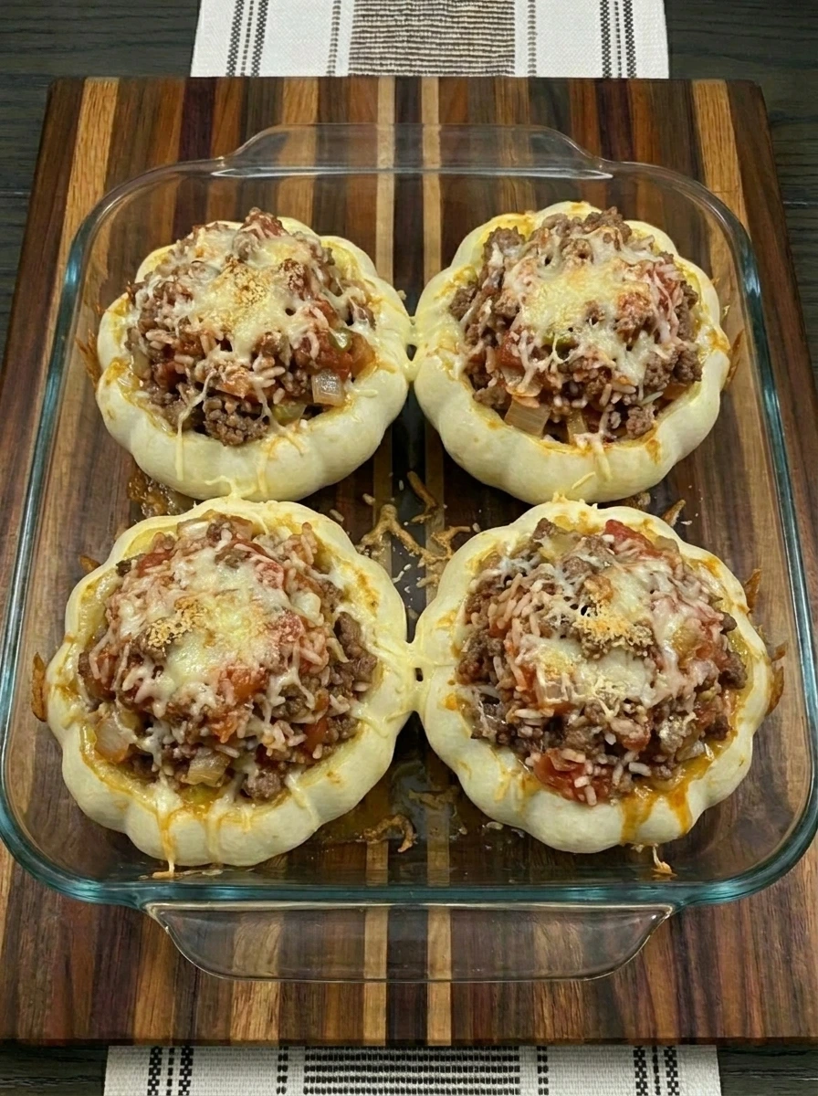 Baked Stuffed Patty Pan Squash with Ground Beef and melted cheese