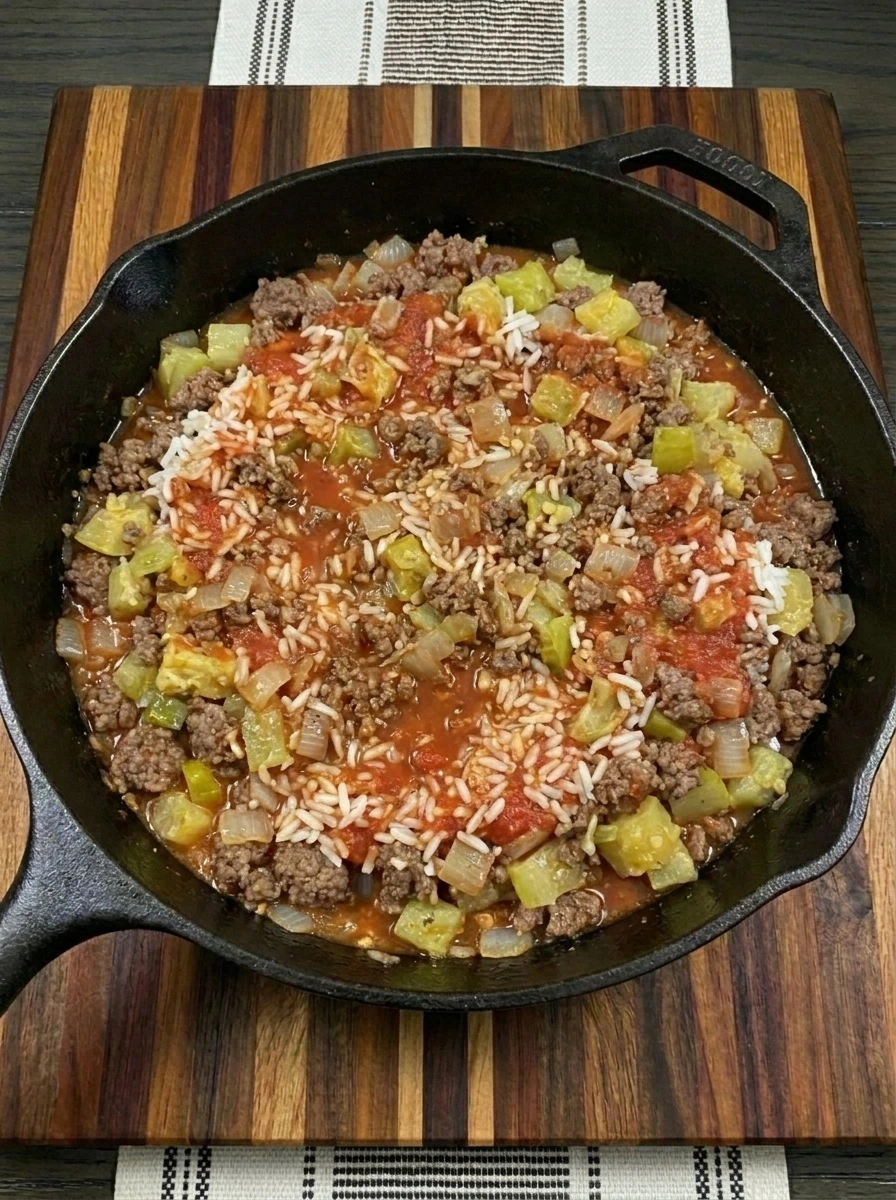 Beef rice and tomato sauce filling for Stuffed Patty Pan Squash with Ground Beef