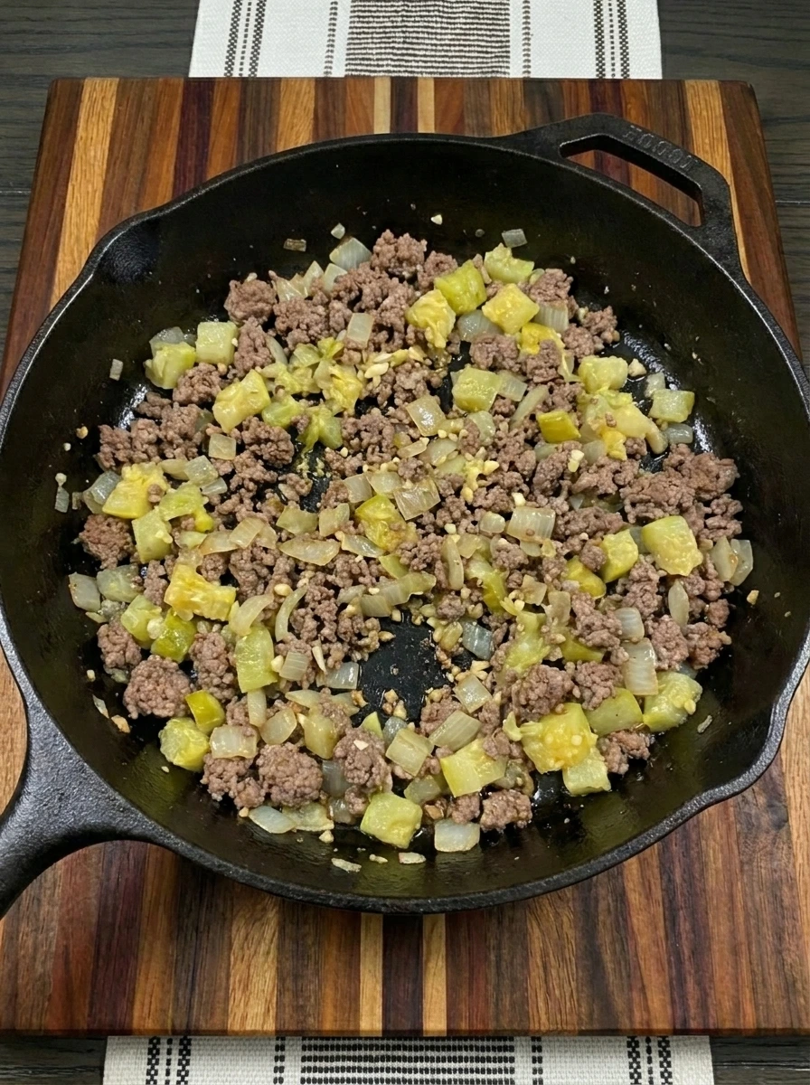 Ground beef browned with onion garlic and squash pulp for stuffed patty pan squash