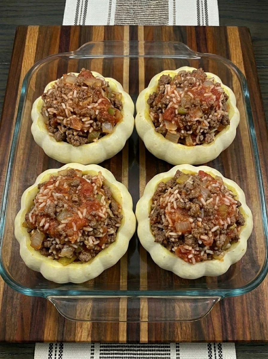 Patty pan squash filled with ground beef rice and tomato mixture