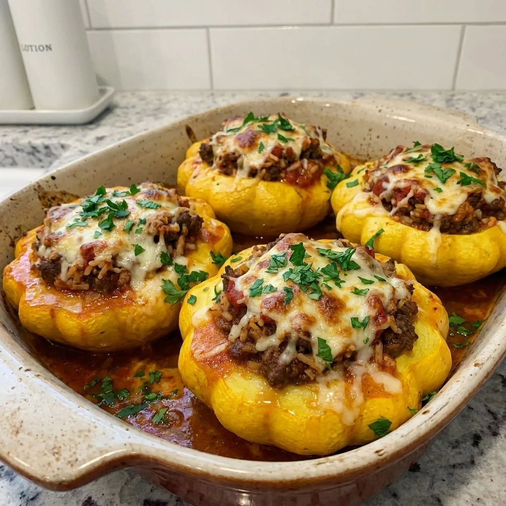 Stuffed Patty Pan Squash with Ground Beef baked with melted cheese and parsley