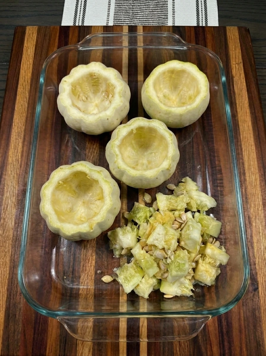 Four hollowed patty pan squash ready for ground beef filling