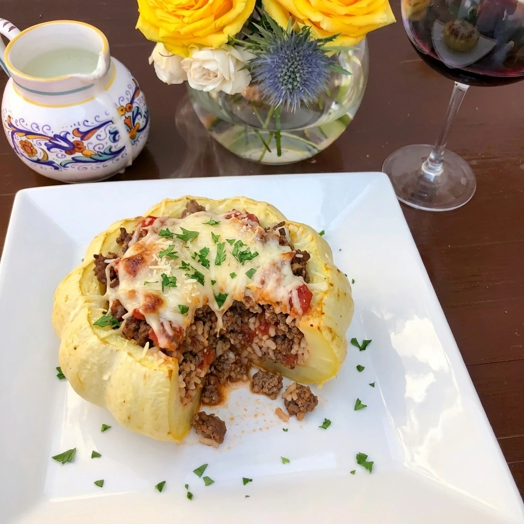 Single serving of Stuffed Patty Pan Squash with Ground Beef on a plate