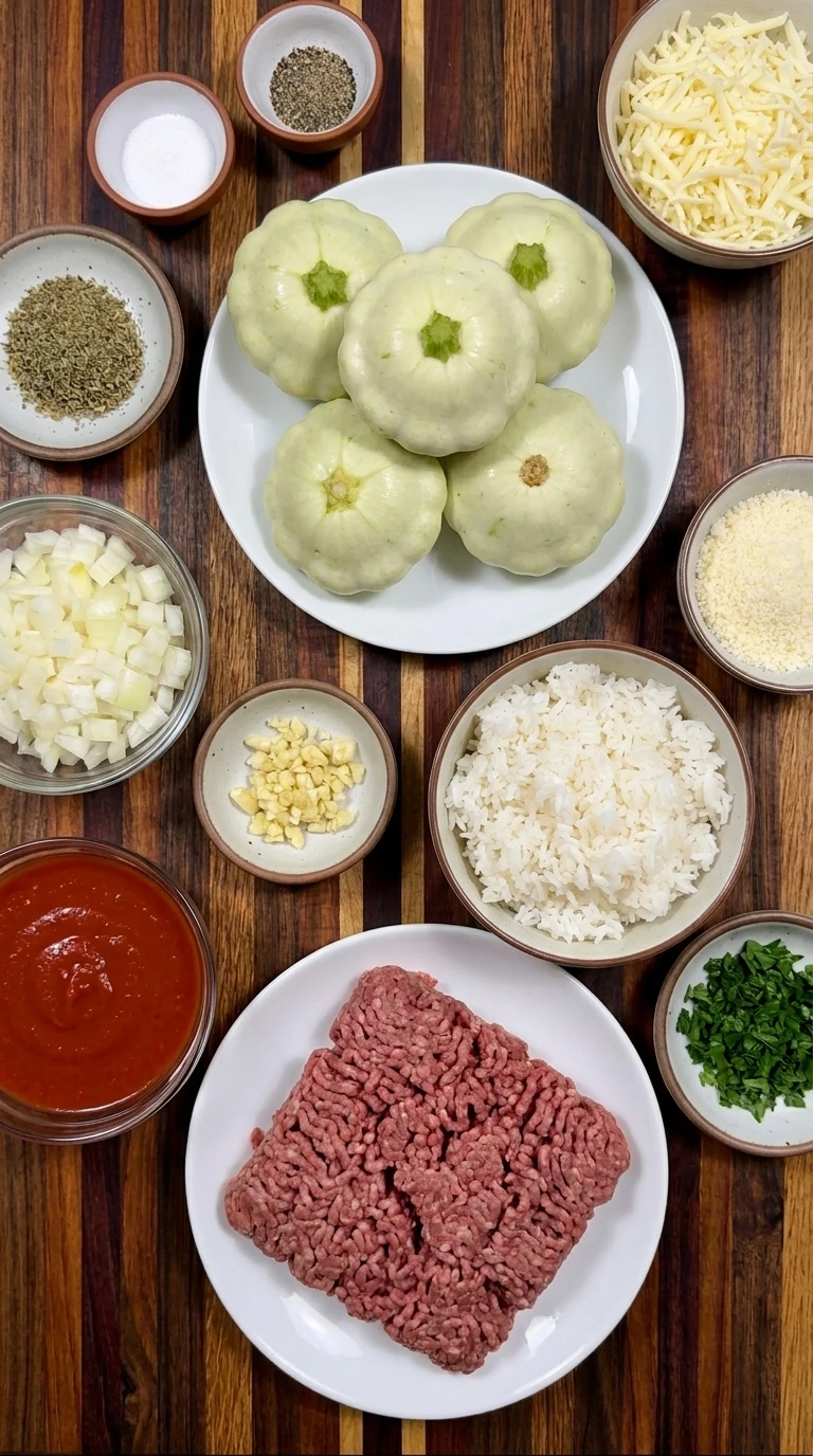 Ingredients for Stuffed Patty Pan Squash with Ground Beef in separate bowls