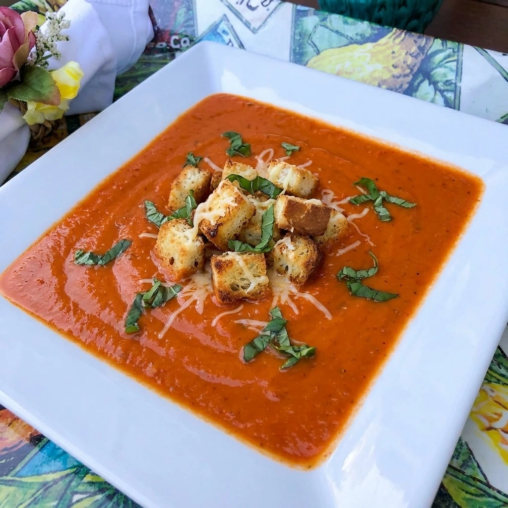 Tomato Basil Soup in a white bowl with basil and croutons