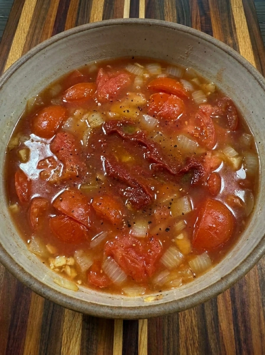 Tomatoes onion garlic broth and tomato paste simmering for Tomato Basil Soup