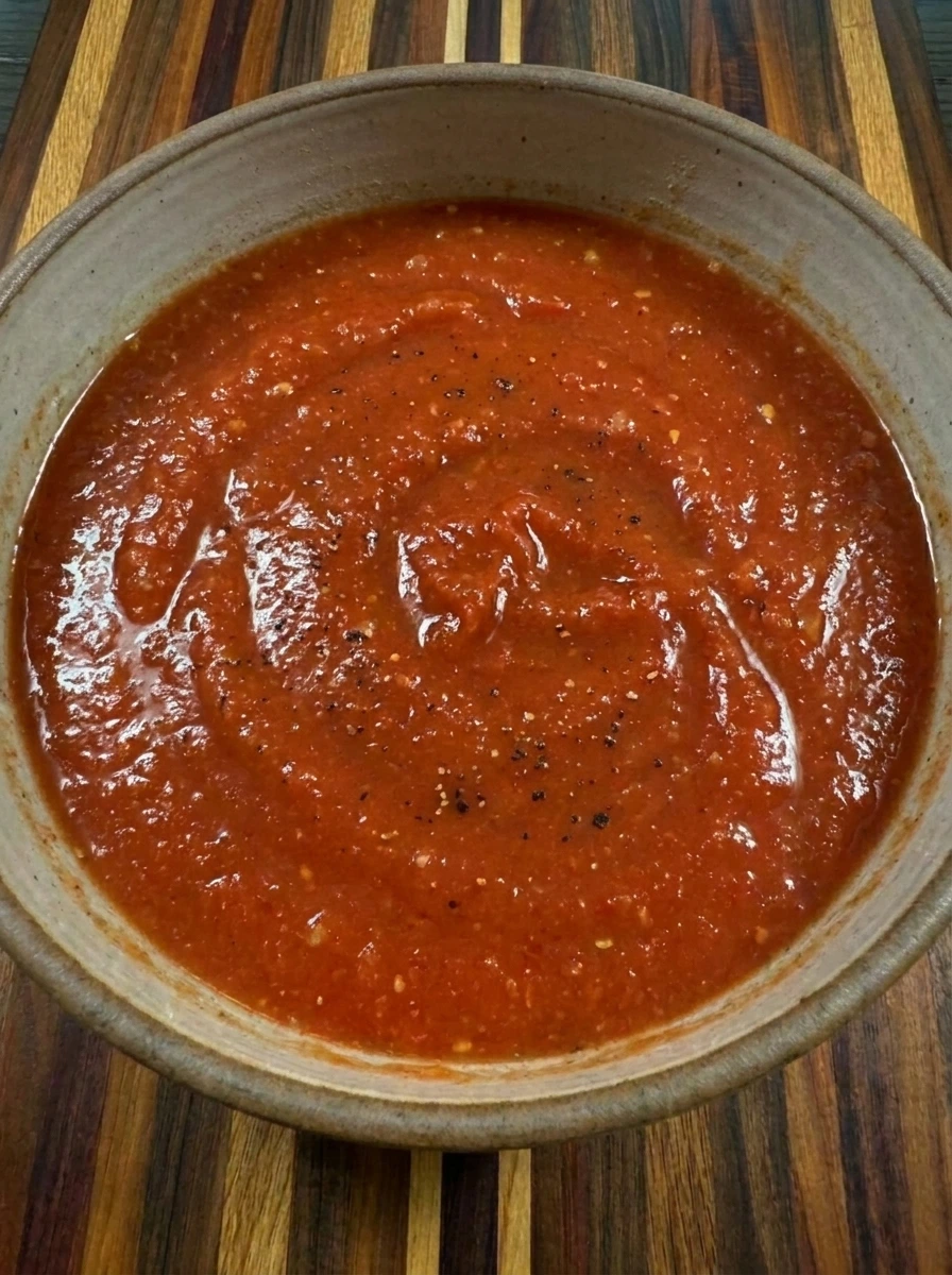 Blended Tomato Basil Soup in a pot