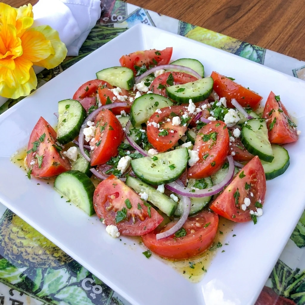 Tomato Cucumber Salad with tomatoes cucumbers herbs feta and lemon dressing