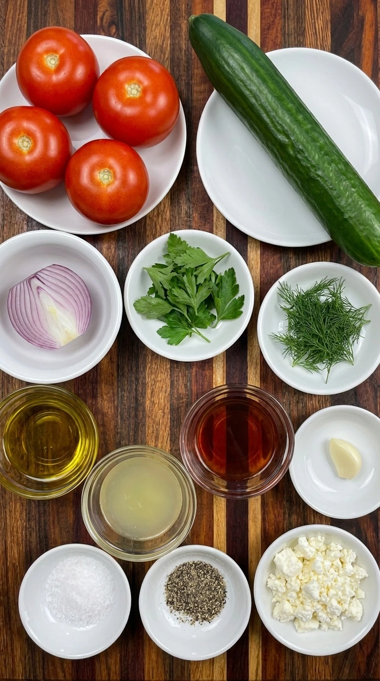 Ingredients for Tomato Cucumber Salad in separate small containers