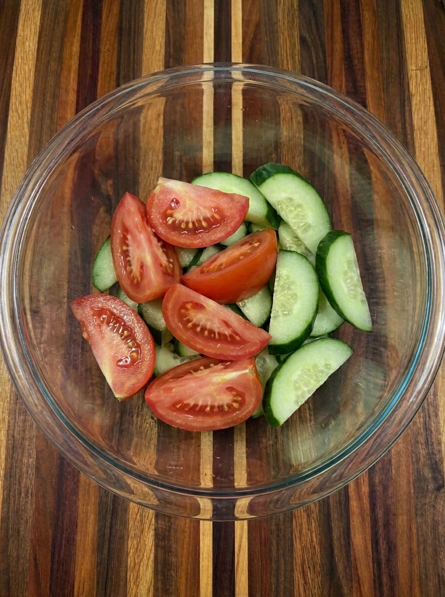 Sliced tomatoes and cucumber for Tomato Cucumber Salad