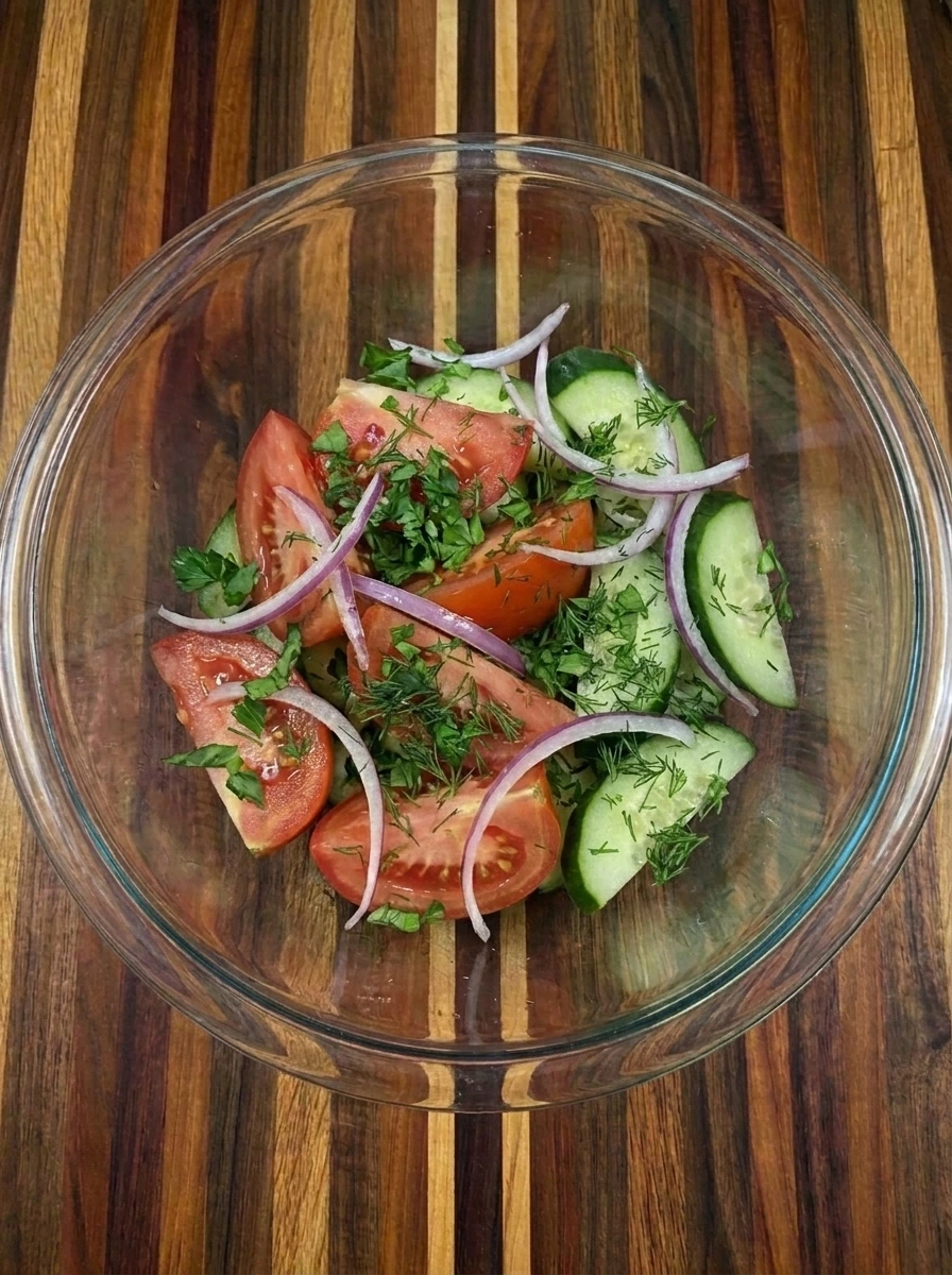 Tomato Cucumber Salad with onion parsley and dill added