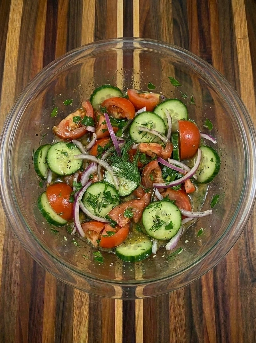 Dressing poured over Tomato Cucumber Salad