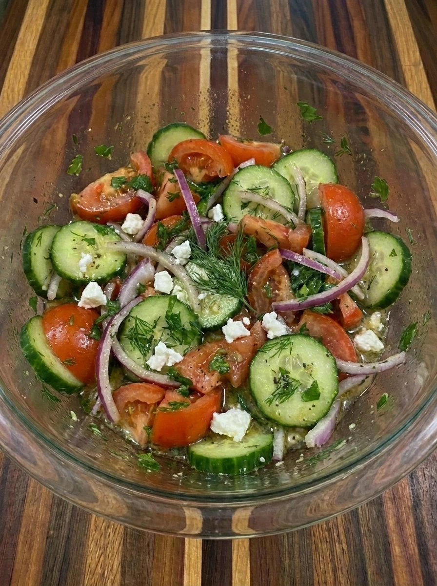 Feta folded into Tomato Cucumber Salad