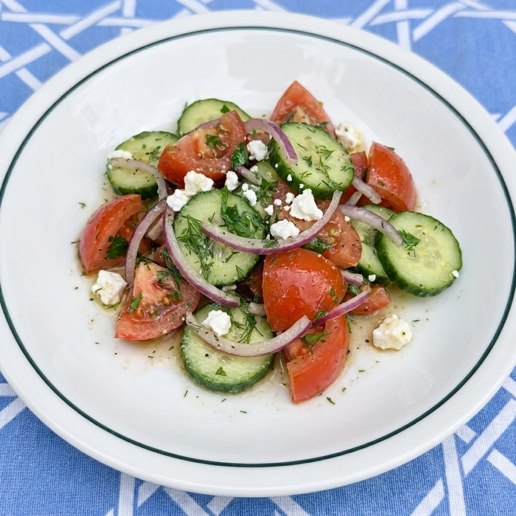 Single serving of Tomato Cucumber Salad on a white plate