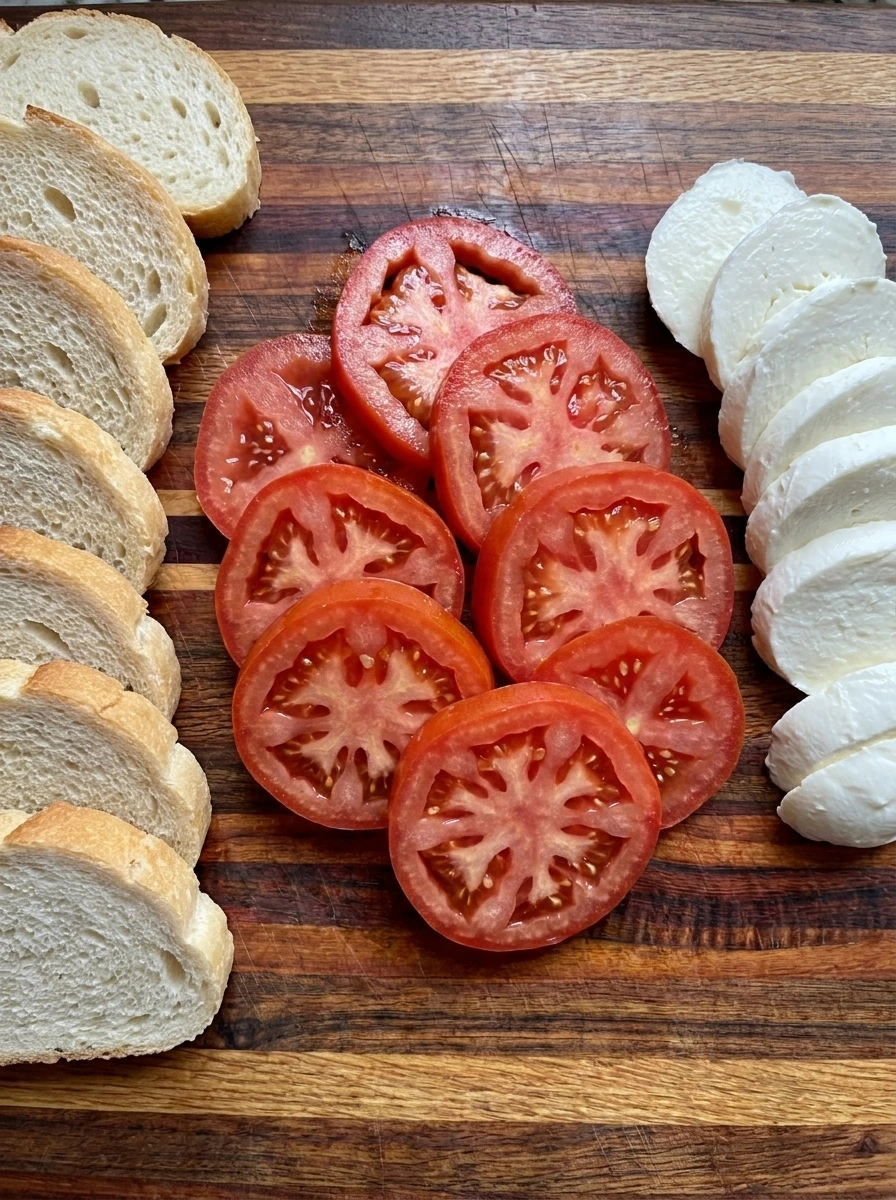 Sliced tomatoes and mozzarella for Tomato Mozzarella Sandwich