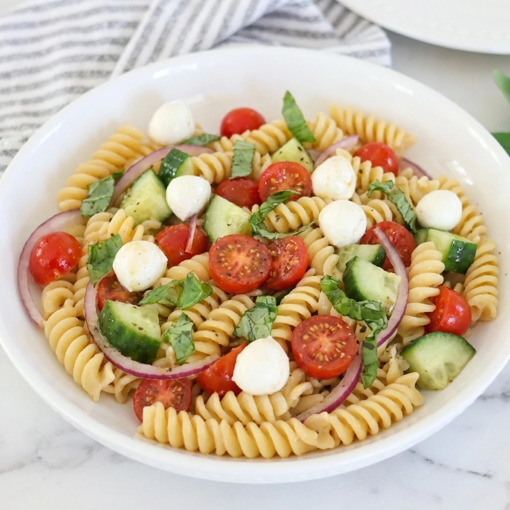Tomato Pasta Salad with rotini tomatoes mozzarella cucumber and basil