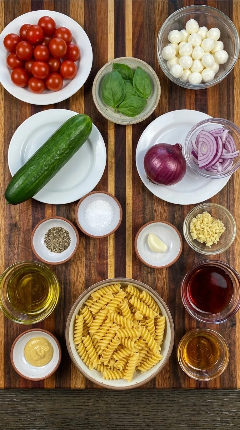 Ingredients for Tomato Pasta Salad in separate bowls and plates