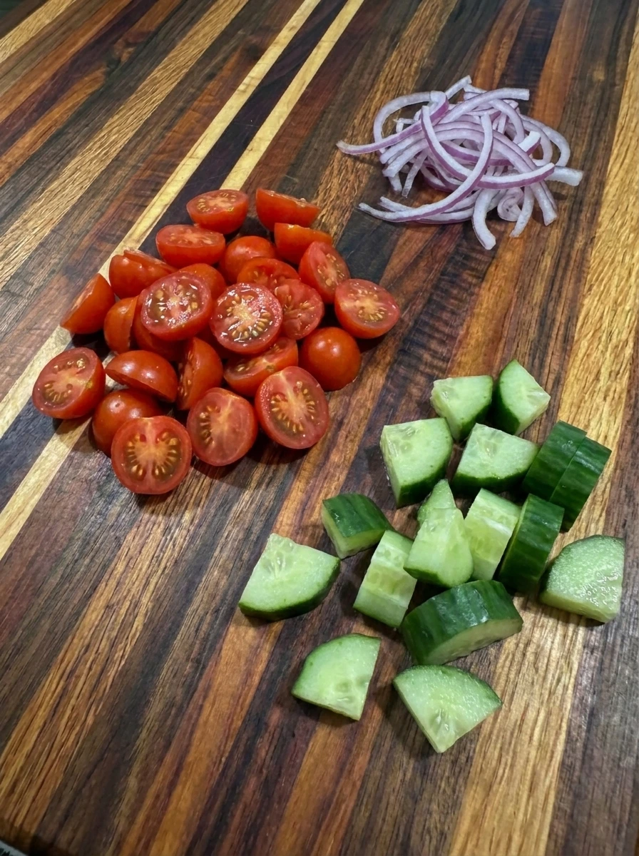 Sliced tomatoes cucumber and onion for Tomato Pasta Salad