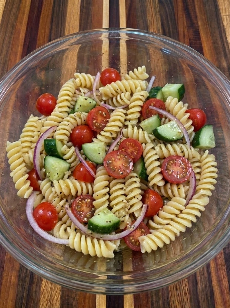 Pasta folded with tomatoes and dressing for Tomato Pasta Salad