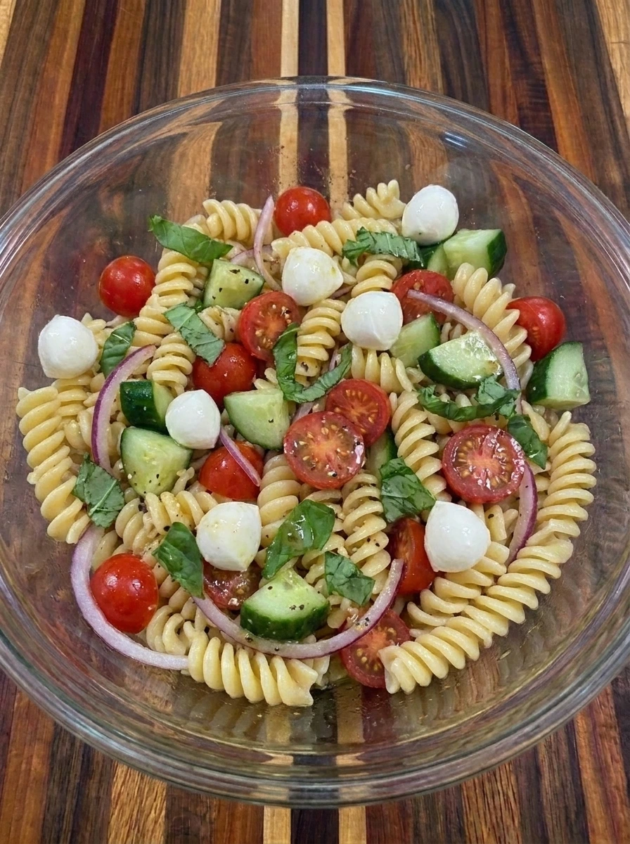 Mozzarella and basil added to Tomato Pasta Salad