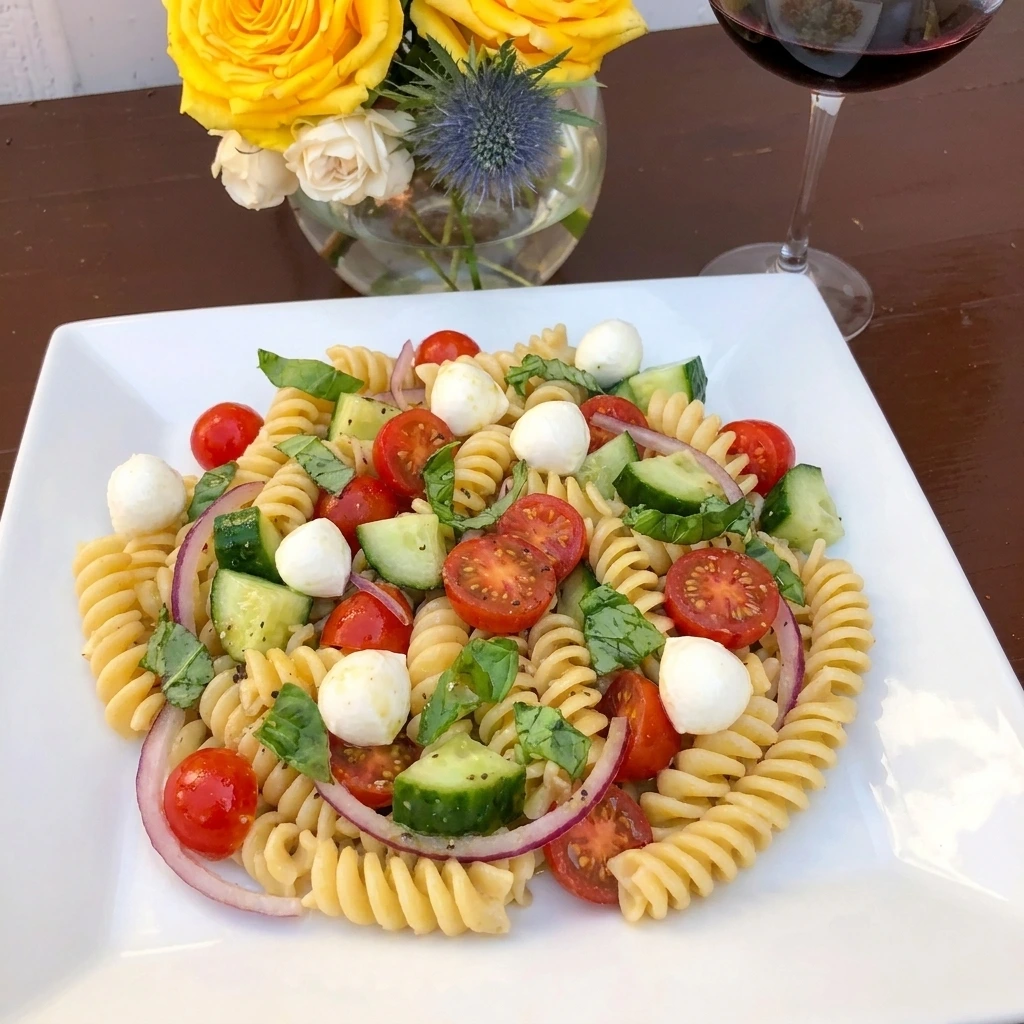 Single serving of Tomato Pasta Salad on a white plate