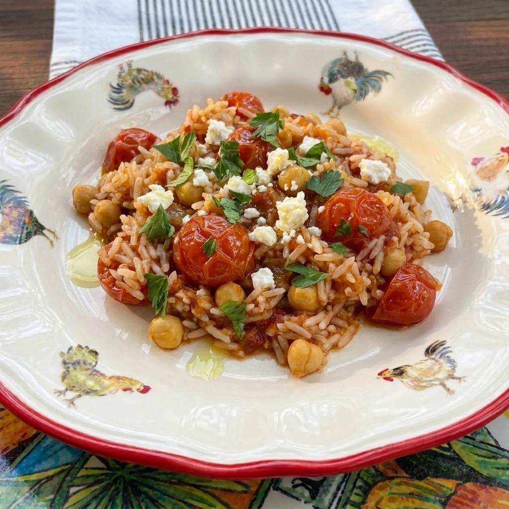 Tomato Rice Bowl with chickpeas feta and parsley on a plate