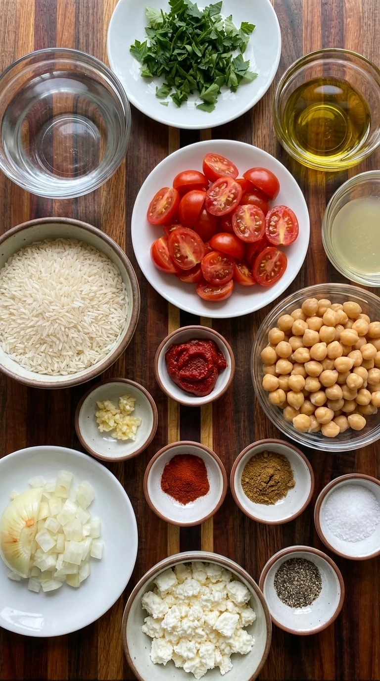 Ingredients for Tomato Rice Bowl arranged in separate small containers