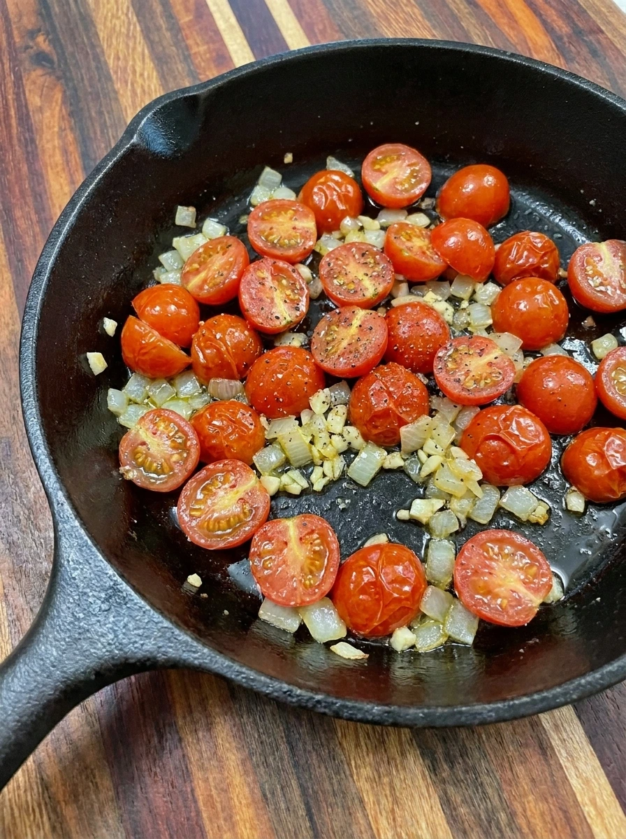 Softened tomatoes and onion for Tomato Rice Bowl