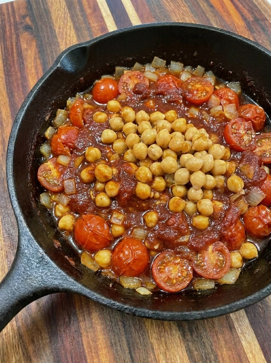 Chickpeas stirred into tomato sauce for Tomato Rice Bowl