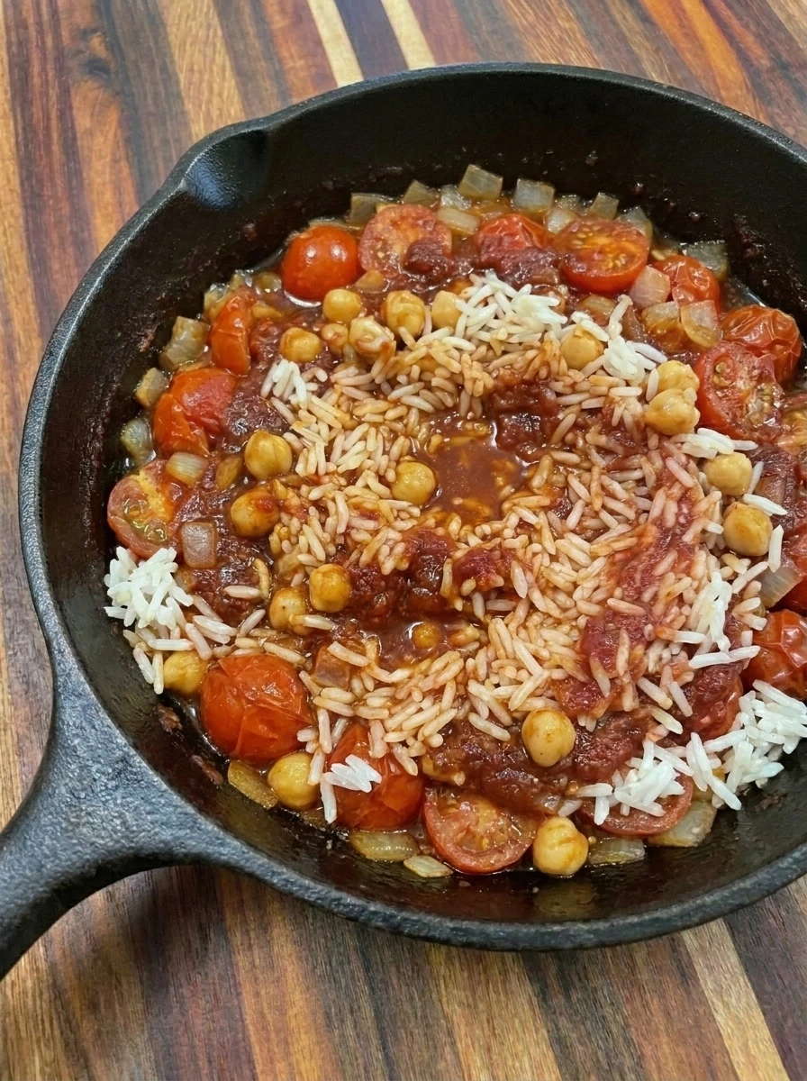 Rice folded into tomato chickpea mixture for Tomato Rice Bowl