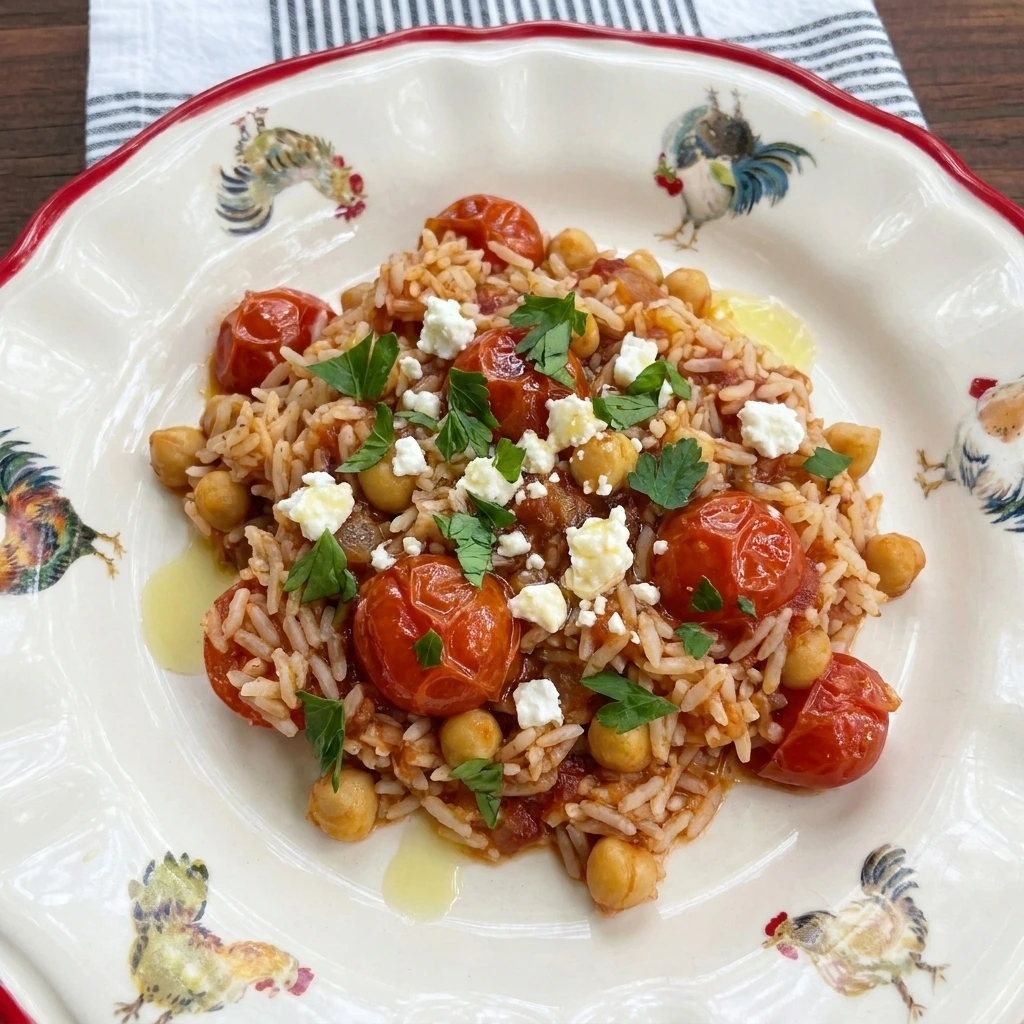 Finished Tomato Rice Bowl with feta parsley and lemon