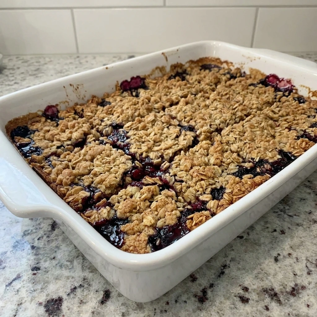 Wild Huckleberry Crumble Bars with golden oat crumble and jammy berry filling