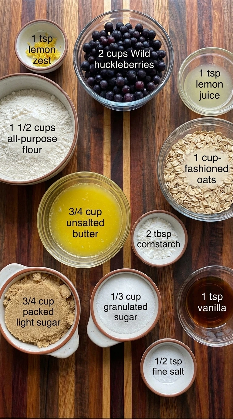 Ingredients for Wild Huckleberry Crumble Bars in separate small containers