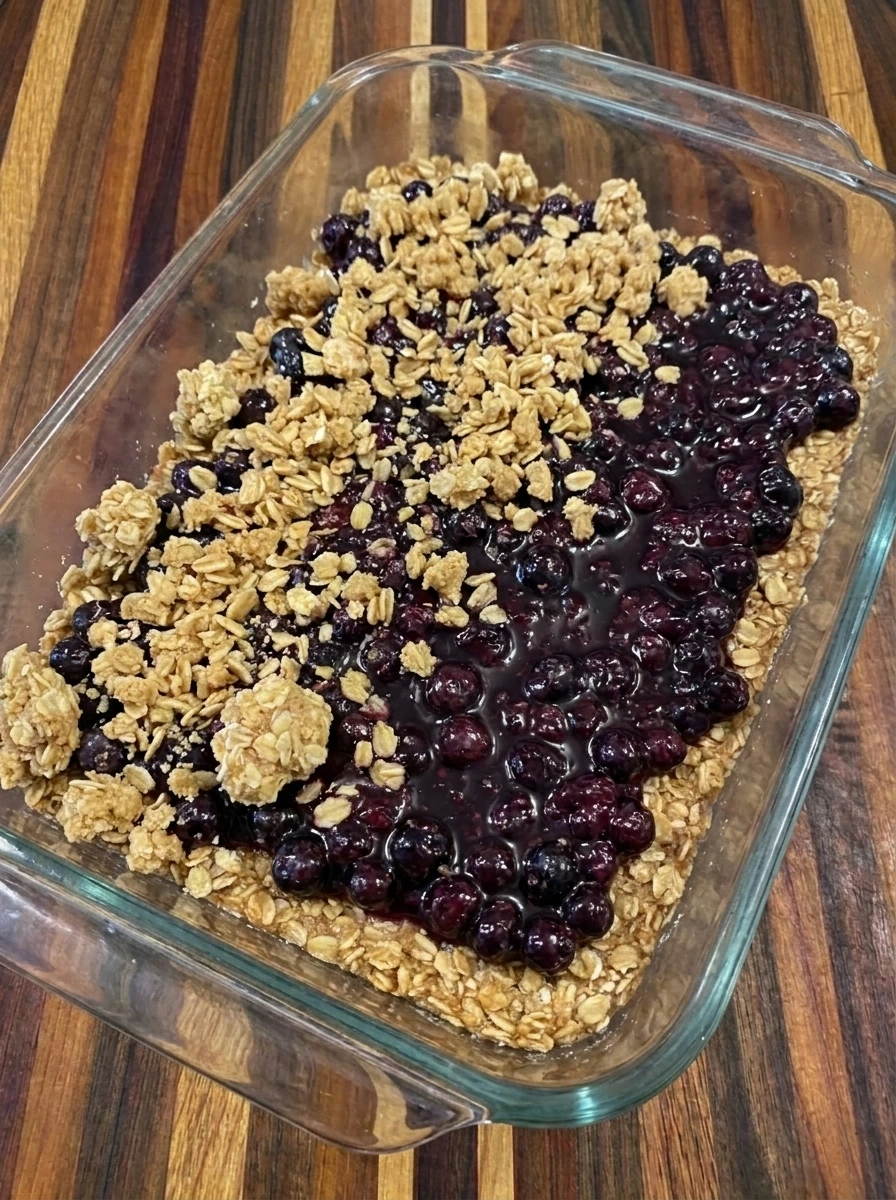 Layered Wild Huckleberry Crumble Bars before baking