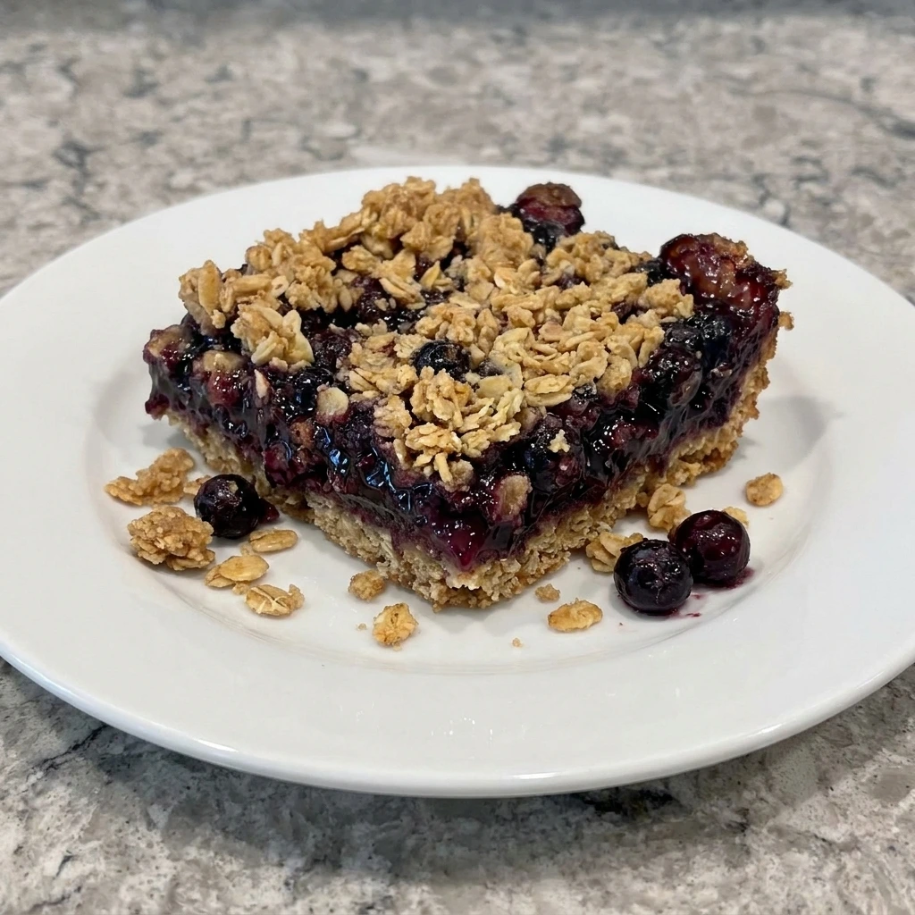 One sliced Wild Huckleberry Crumble Bar served on a white plate