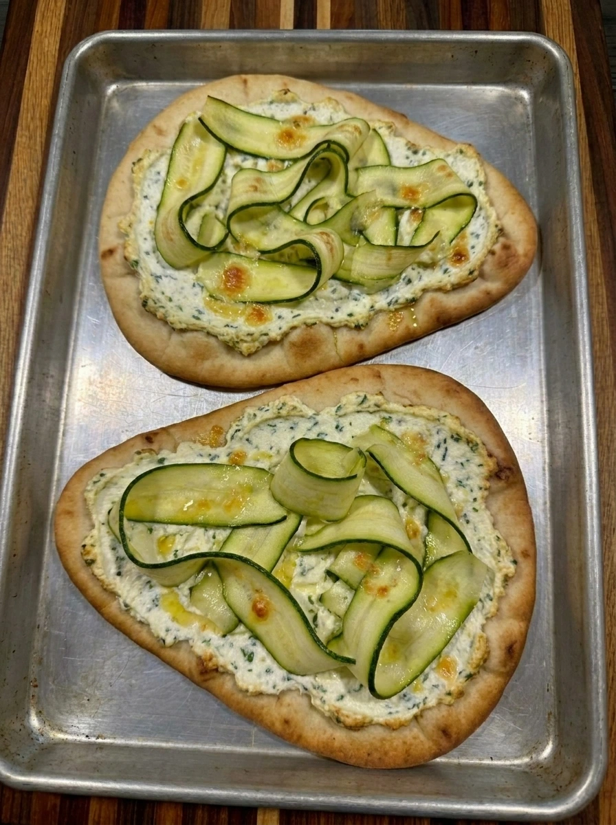 Baked Zucchini and Herbed Ricotta Flatbread with browned edges