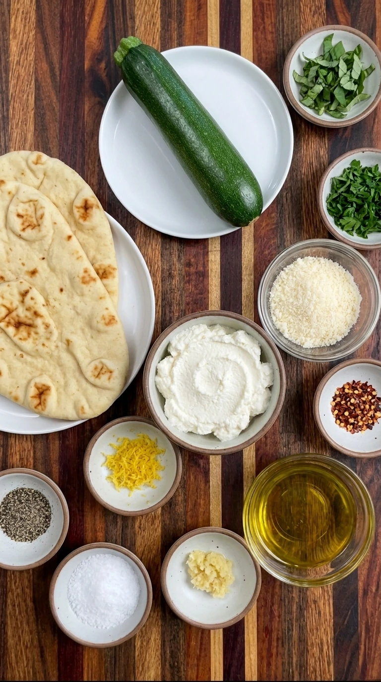 Ingredients for Zucchini and Herbed Ricotta Flatbread in small containers