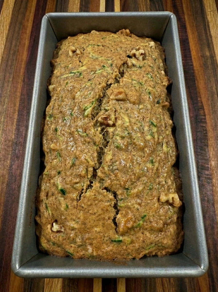 Baked Zucchini Bread with golden cracked top in a loaf pan