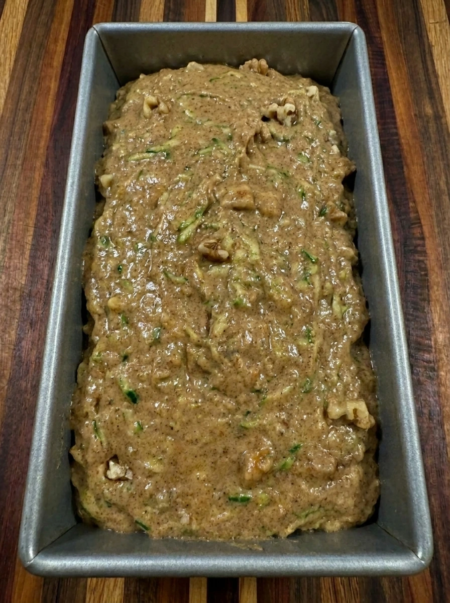 Unbaked Zucchini Bread batter spread in a loaf pan