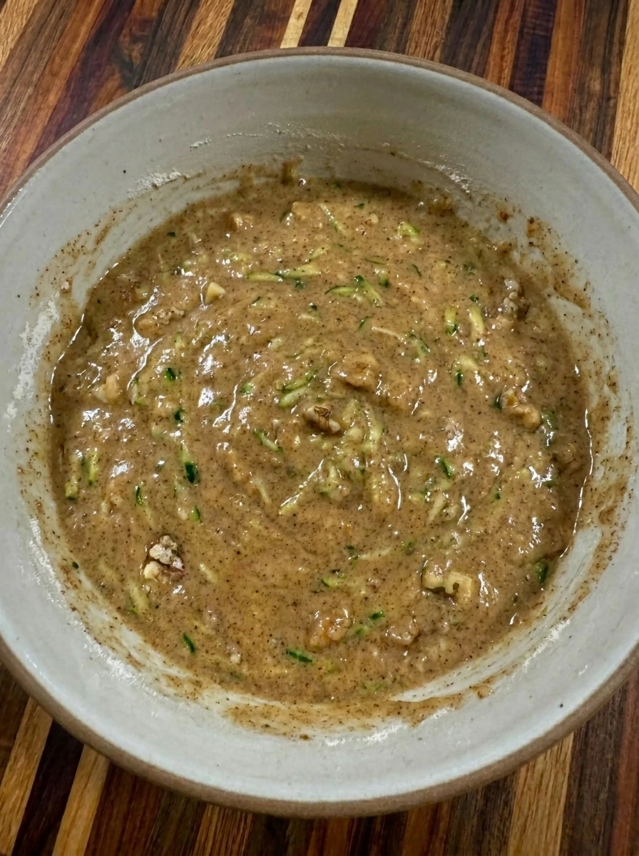 Thick Zucchini Bread batter with zucchini and walnuts folded in