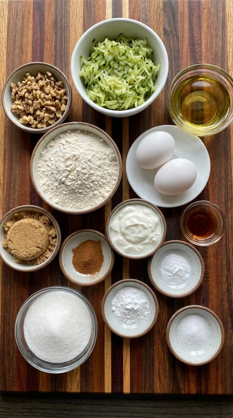 Raw ingredients for Zucchini Bread arranged in separate small containers