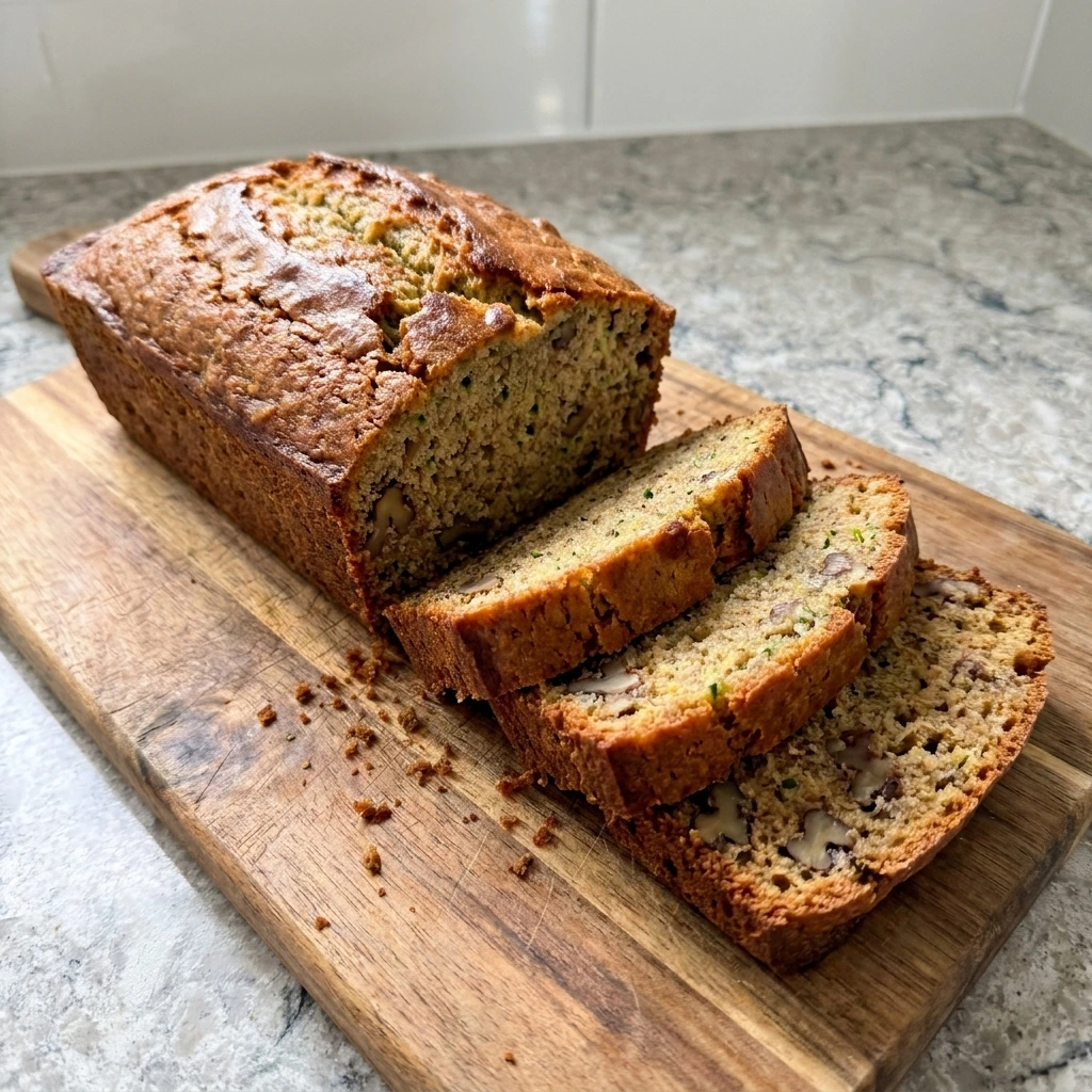 Moist homemade Zucchini Bread loaf with sliced pieces and visible zucchini flecks