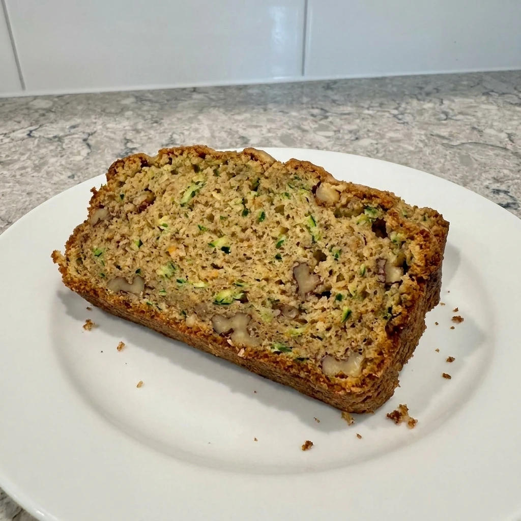 Single slice of Zucchini Bread showing moist speckled crumb