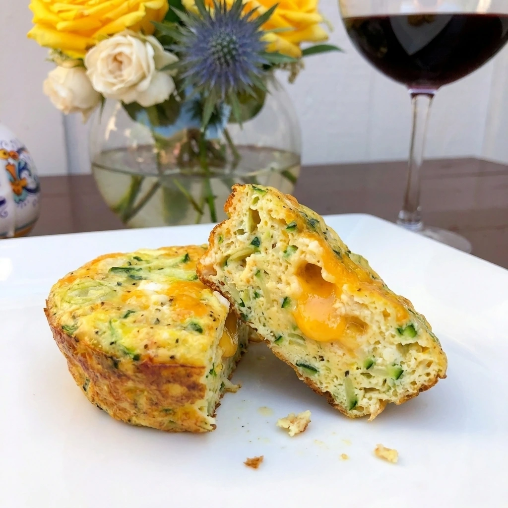 One Zucchini Egg Bite cut open on a white plate